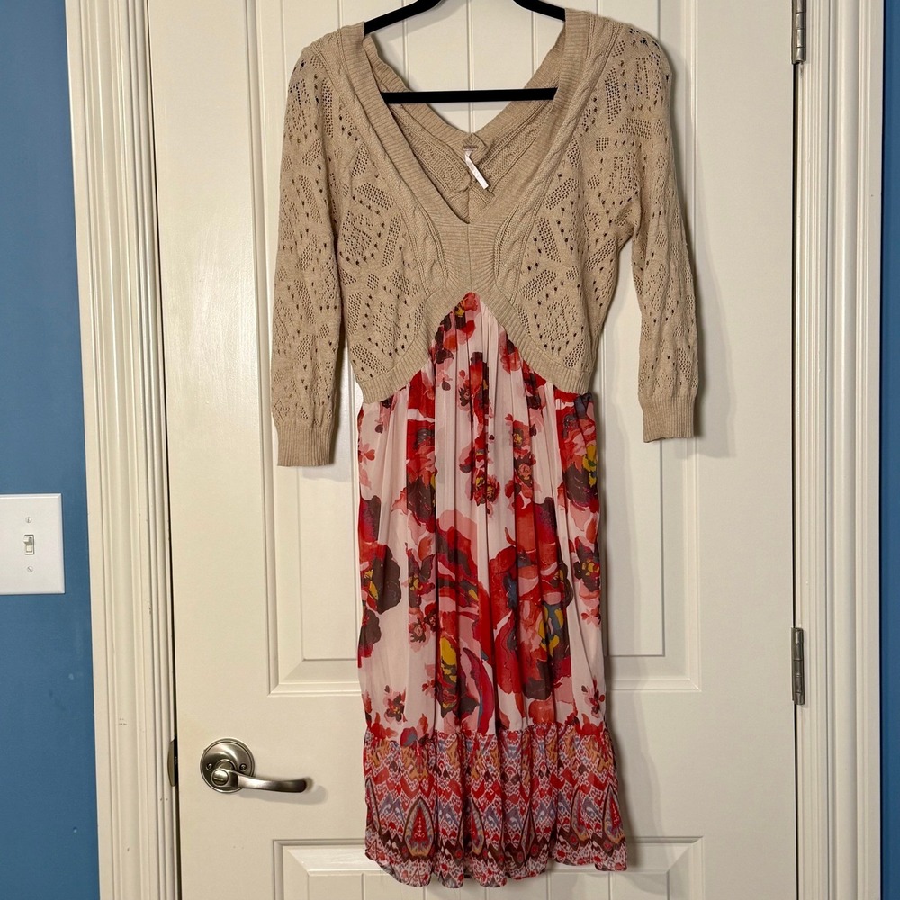 Free People Sweater Dress Sm Tan Floral Knit Croquet Boho Cottagecore Romantic